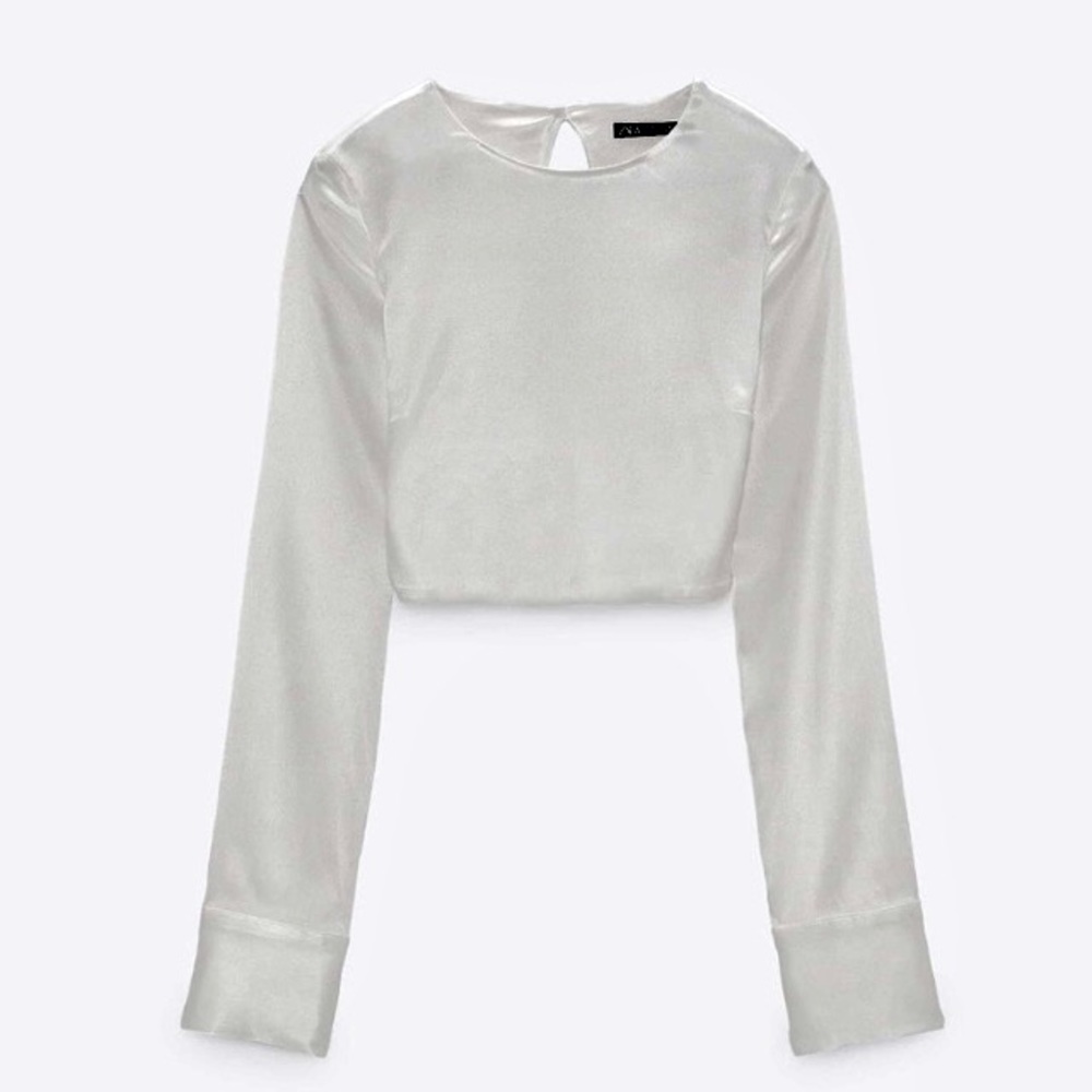 ZARA, bright white satin blouse, french cuffs, beautiful open back that laces up